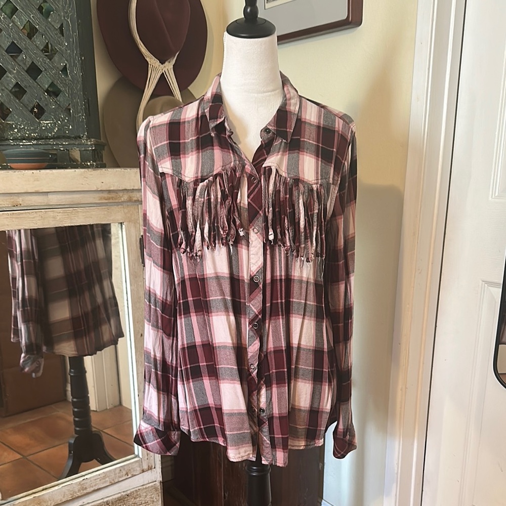 Red and White Ruffled Button Down Shirt with Notched Collar